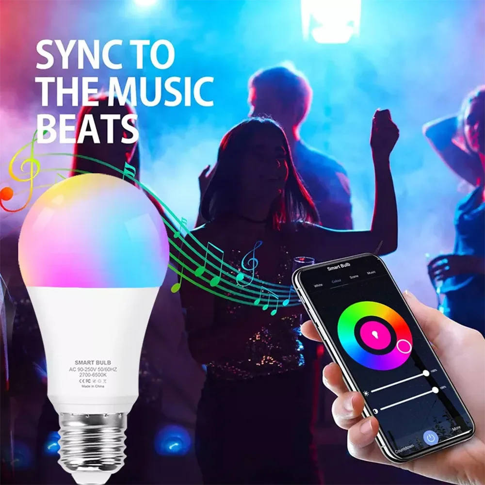 

Лампа Tuya RGB 9 Вт/15 Вт E27, головка лампы, подключение Bluetooth для спальни, настольная лампа, гостиная, КТВ, бар, музыкальный зал, окружающее освещение