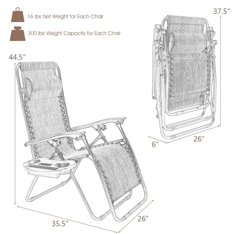 2 Pack Zero Gravity Folding Lounge Chairs With Adjustable Headrest And Removable Tray, Outdoor Patio Poolside Camping Recliner For Adults, Brown