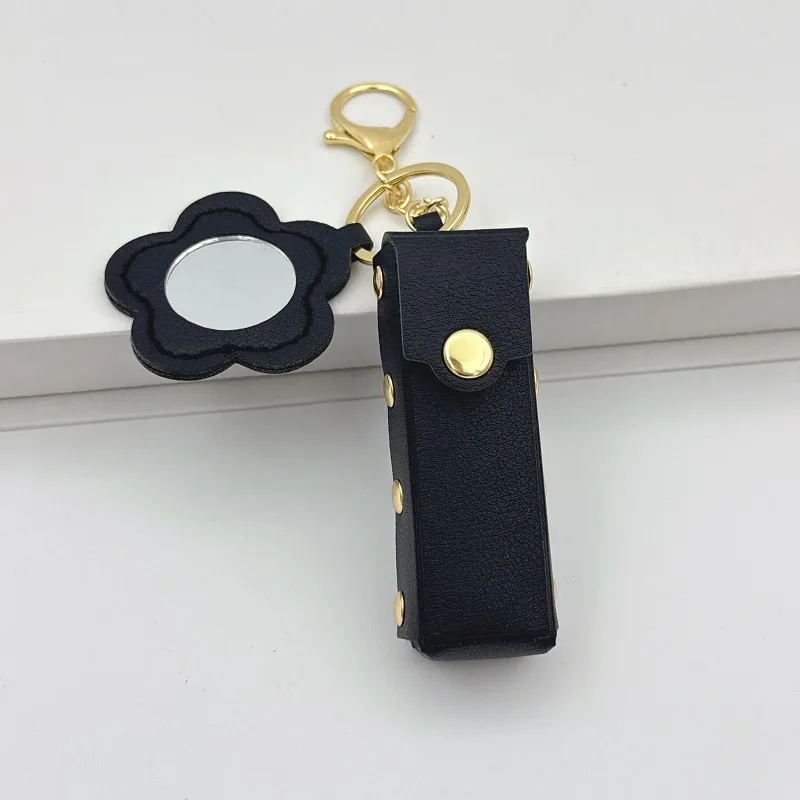 Fashion Leather Keychain with Mirror, Trendy Mini Pouch