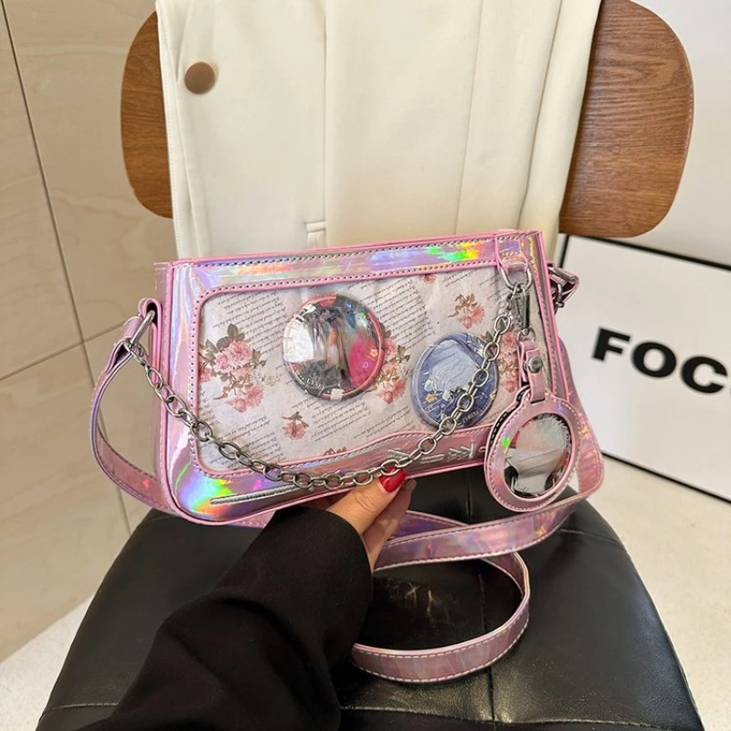 Korean Y2k Aesthetic Transparent Crossbody Bag Streetwear Fashion Chain Casual Handbags All Match Ins Simple Shoulder Bags Women