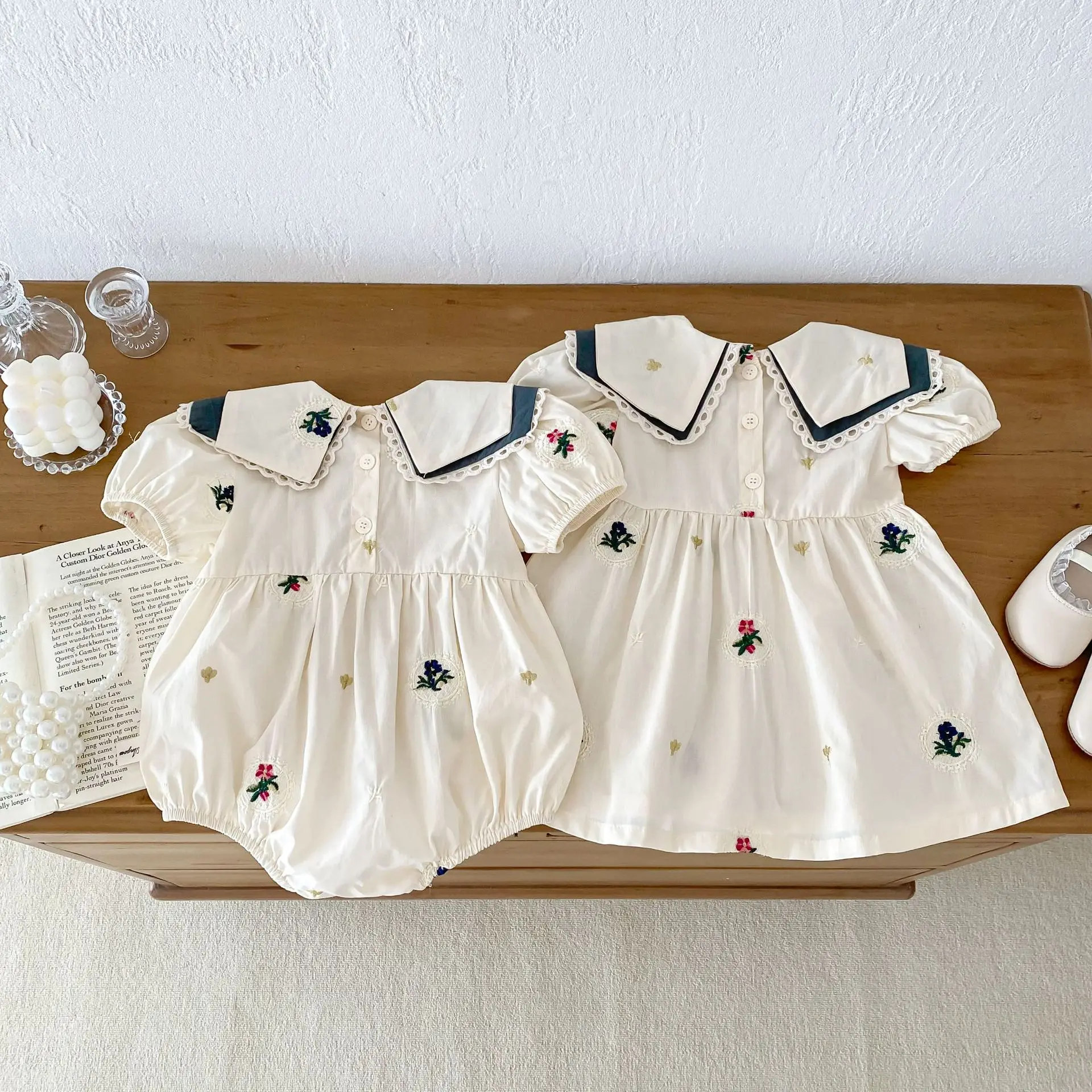 Summer Newborn Infant Baby Girls Embroider Romper Lapel Flower Dresses Sister Dress Rompers Kids Onepiece Fashion Baby Clothing