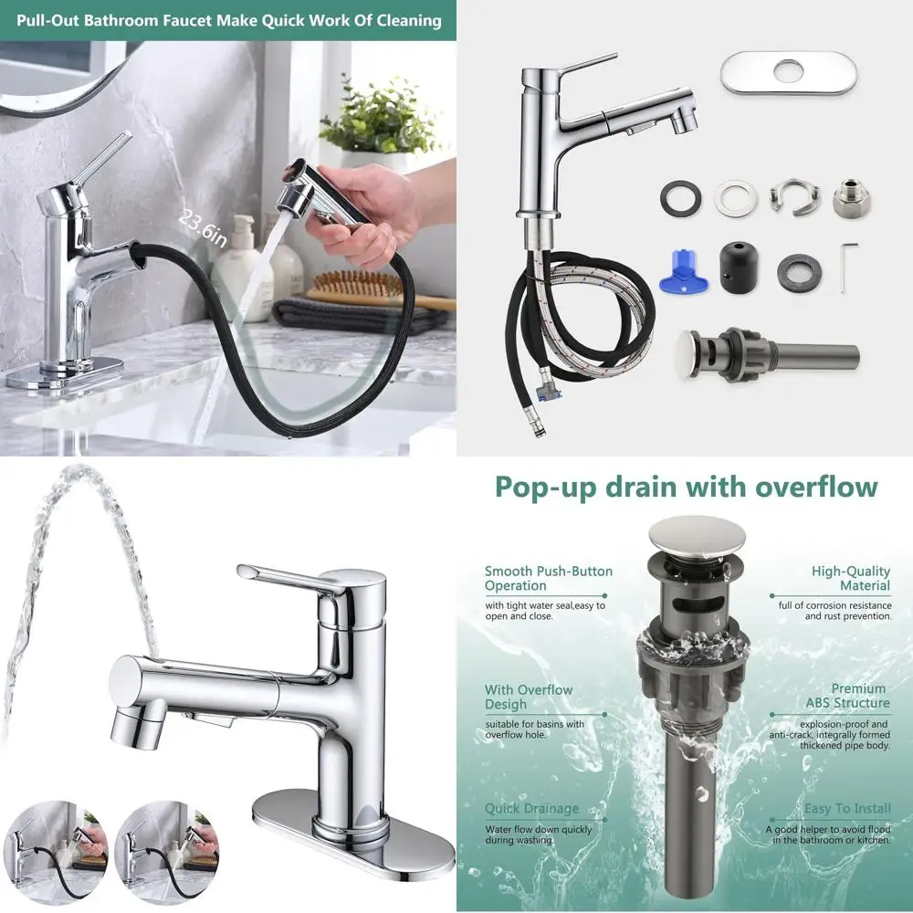 

Modern Single Handle Bathroom Sink Faucet with Pull-Out Spray and Pop-Up Drain, 1 or 4-Inch Centerset, Chrome