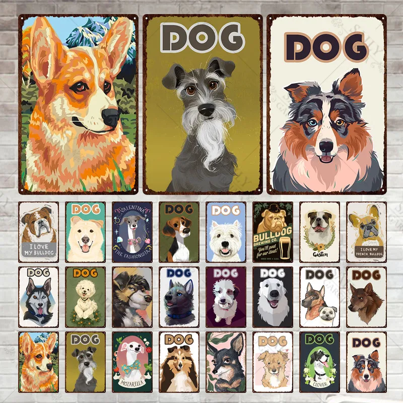 Vintage Cartoon Pet Tin Sign Posters Funny Dog Corgi Chihuahua Metal Print Plates Farm Garden Kennel Dog House Decoration Plaque