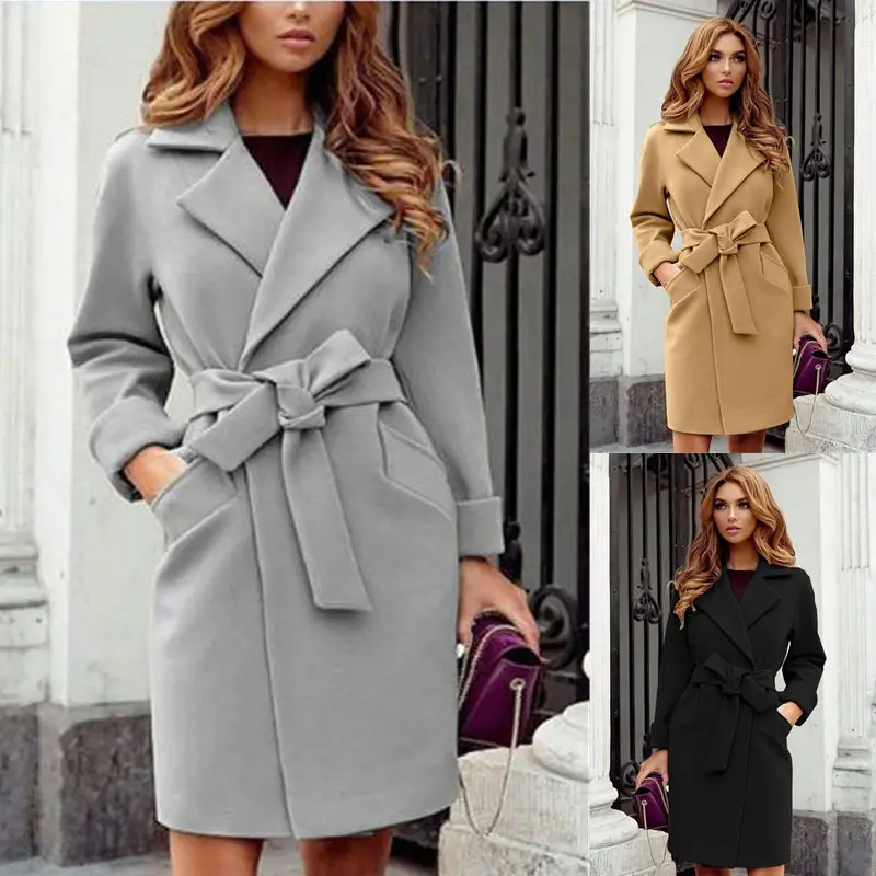 

Autumn Winter Women's Faion Long Coat Jaet Mid-Length Woolen Outerwear Straight Cut Commute Sle with kets Long Sves