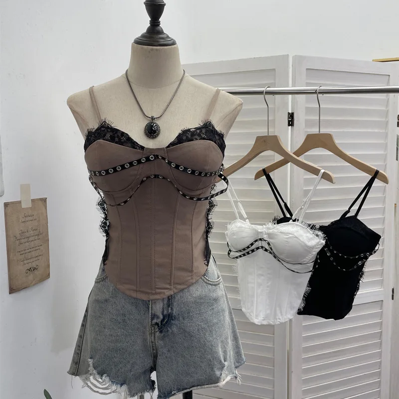 

Women Short Tank Tops Patchwork Slim Solid Color Lace Edge Fishbone Waist Cinching Camisole 2026 Spring New Fashion