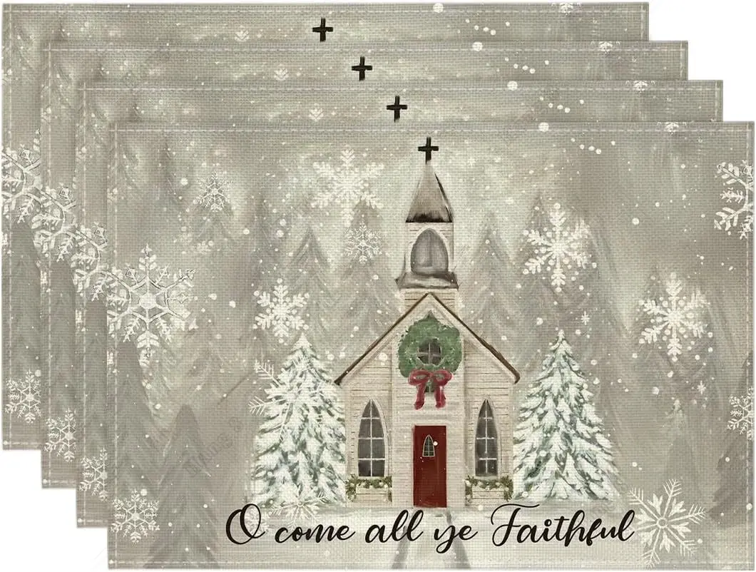 

Church Xmas Trees Snowflakes Merry Christmas Placemats Set of 4 12x18 Inch Winter Table Mats for Party Kitchen Dining Decoration