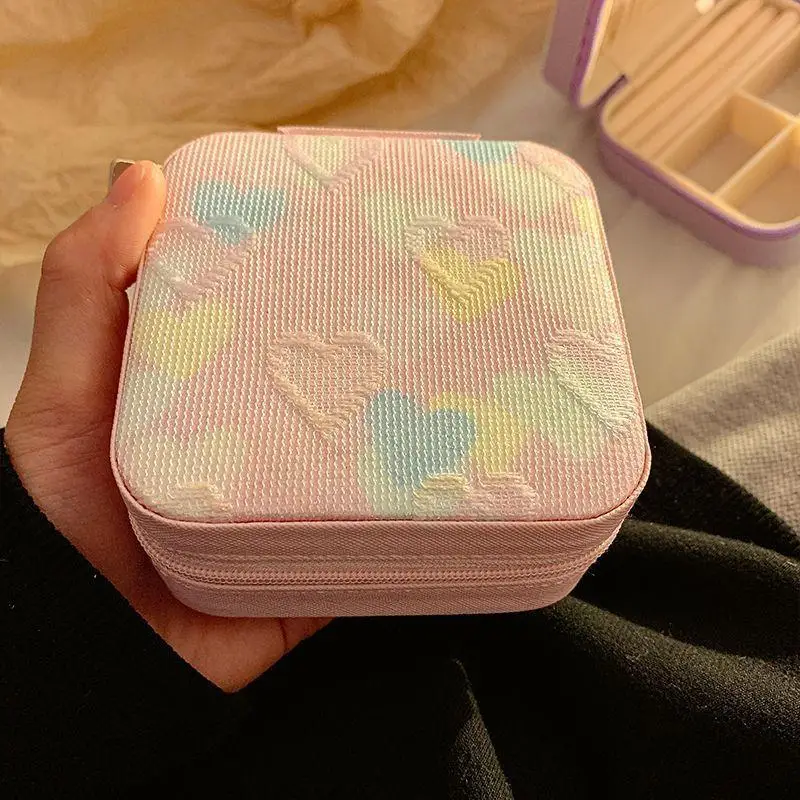 Cute Heart Embroidered Jewelry Storage Box Portable Travel Jewelry Storage Box Multi-Compartment Design Rings Earrings Necklaces
