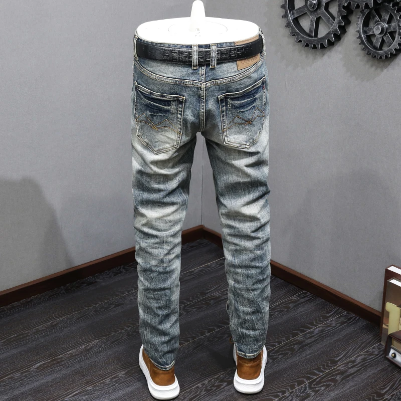 Fashion Designer Men Jeans High Quality Retro Washed Blue Stretch Slim Fit Ripped Jeans Men Vintage Denim Pants Trendy Trousers