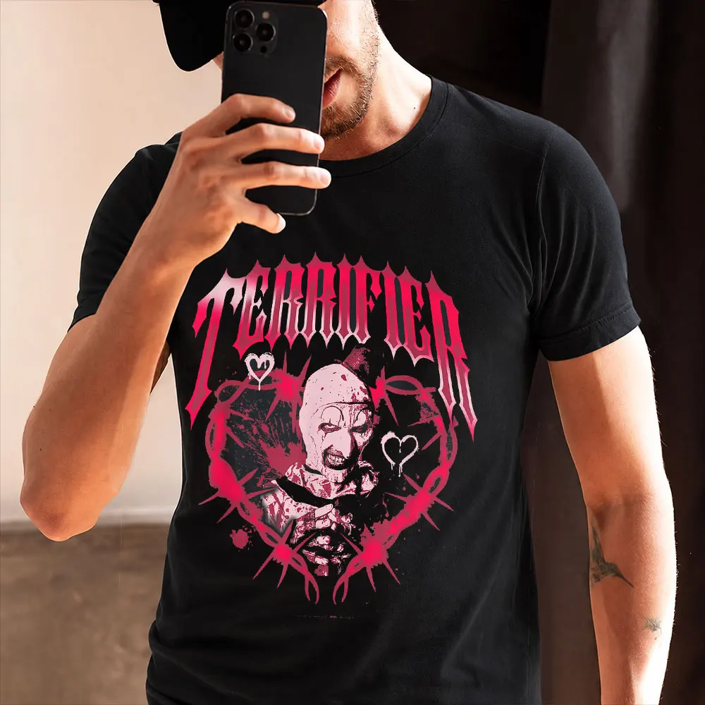 Retro Horror Movie Terrifier Art The Clown Killer Scary Halloween Gift T Shirt Edgy Barbed Wire Heart Graphic Tee All size tops