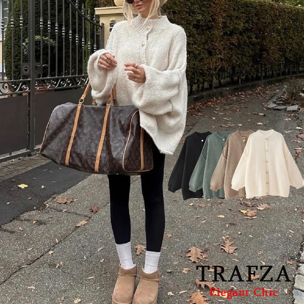 TRAFZA Basic Casual Loose Button Plain Knit Sweater Women's Solid Coat New 2024 Autumn Winter Fasion Lazy Cozy Basic Sweater