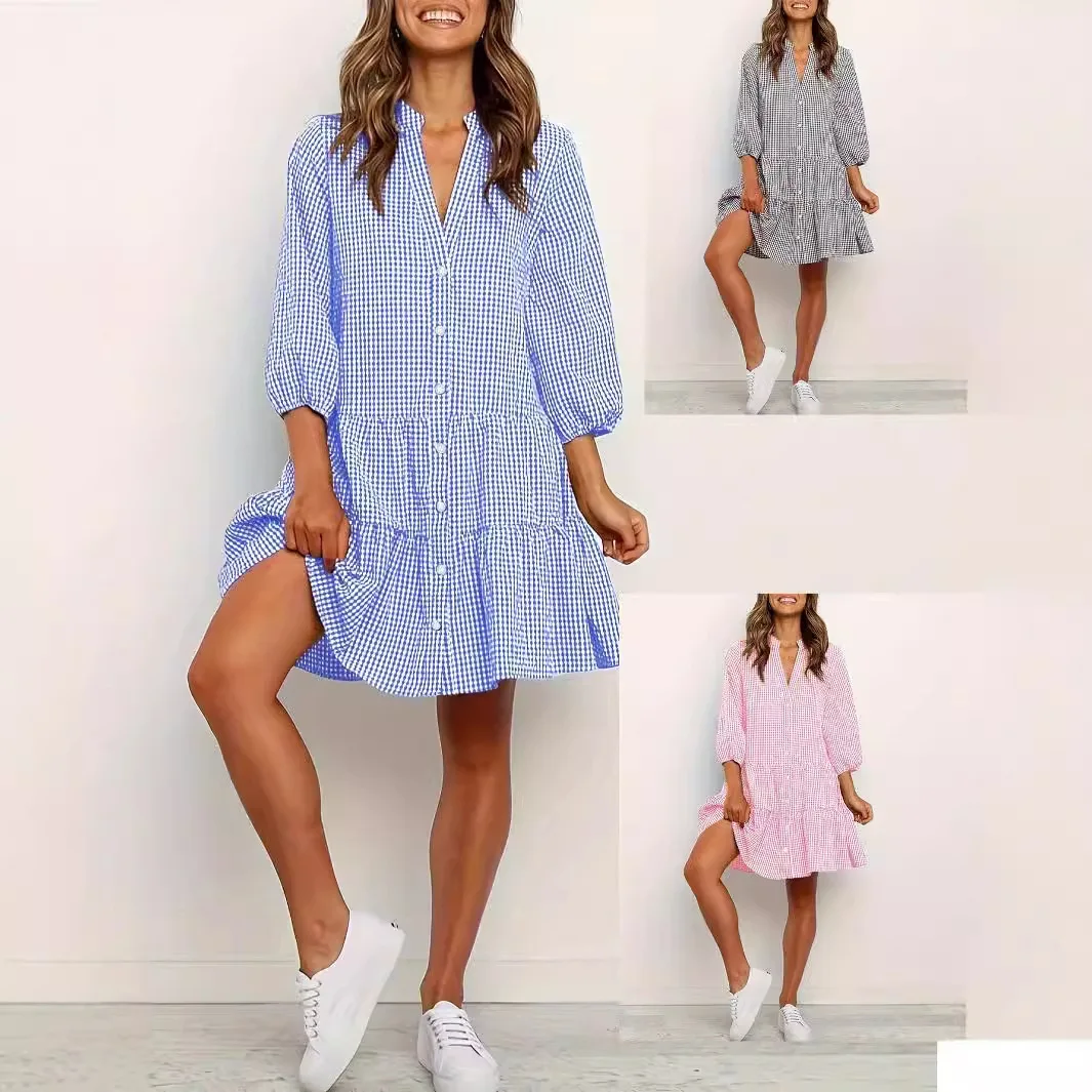 2025 Women\'s Summer Holiday Beach Dress With Half Sleeve V-neck Patchwork Button Front Casual Loose Elegant Female A-line Dress