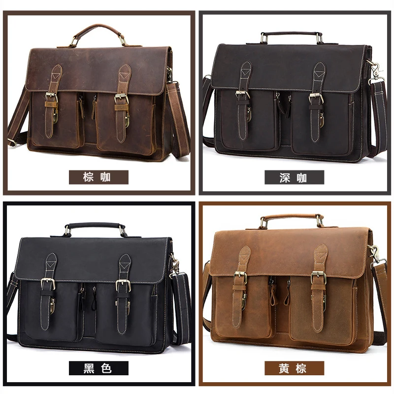 Men's Leather Notebook Bag Vintage Handbags Cowhide Travel Trolley Wheel Luggage Men's Messenger Bag Business Briefcases