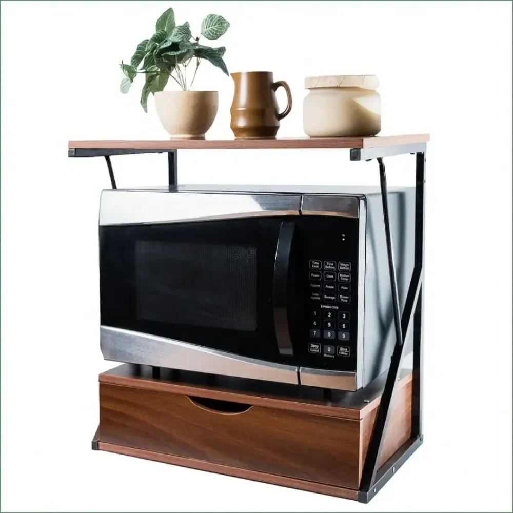 

Microwave Shelf With Drawer Compact 2 Tier Microwave Stand For Small Kitchens Apartments Wood Metal Countertop Organizer 21.25