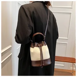 New PU Material Bucket Crossbody Bag Advanced Feeling Drawstring Small Shoulder Bag Spliced Mini Single Shoulder Crossbody Bag