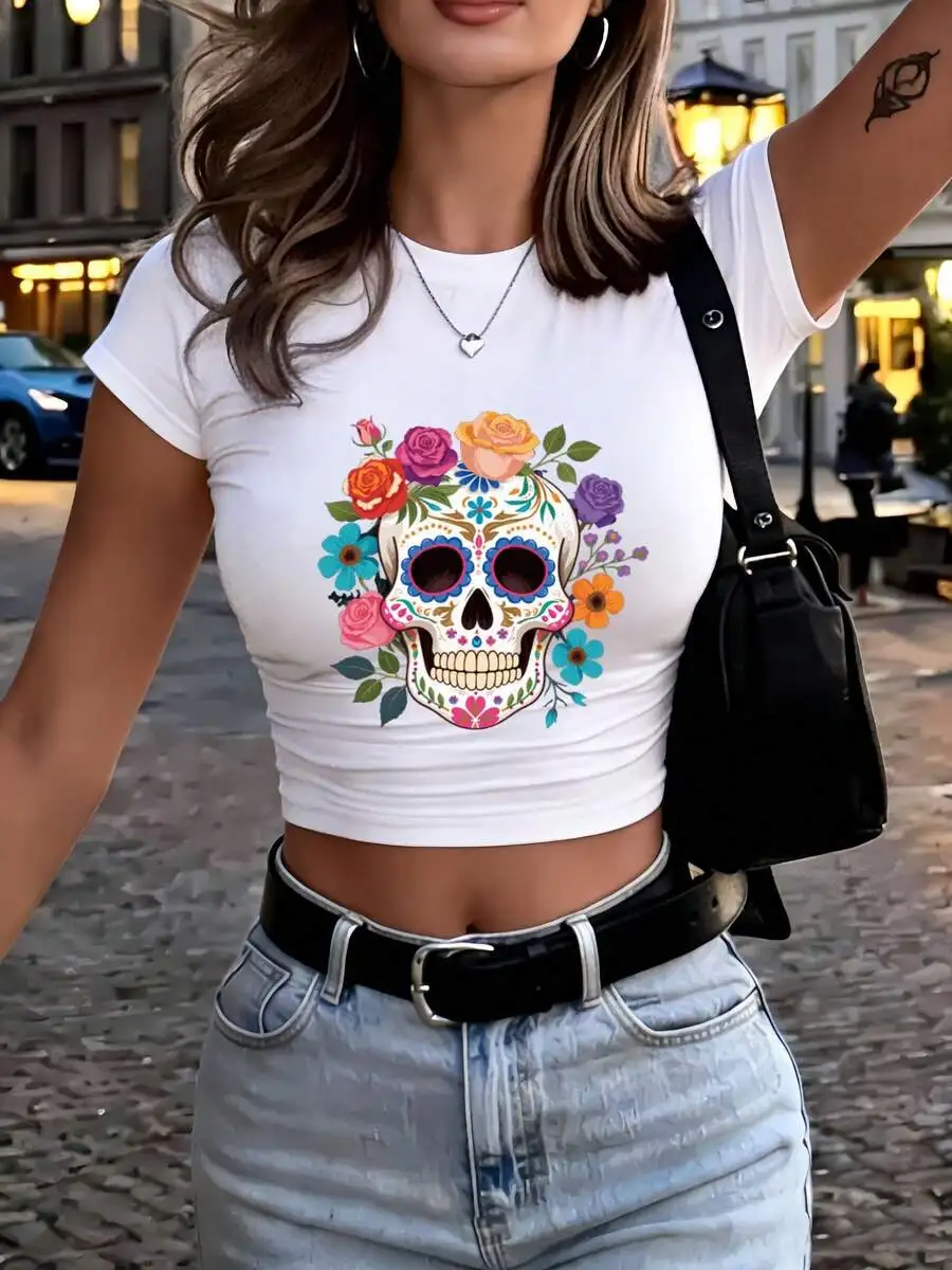 

Colorful Sugar Skull Floral Cropped T-Shirt For Women Streetwear Casual Top