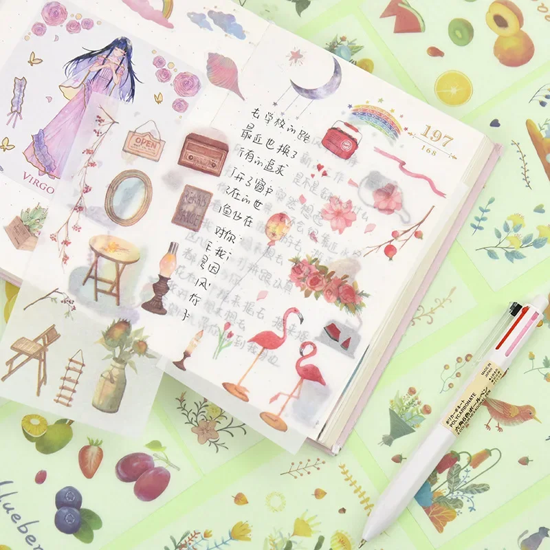 

6 листов/упаковка, милые наклейки с цветами, кошками и бабочками, набор бумажных наклеек васи, принадлежности для скрапбукинга, японские канцелярские товары в стиле каваи