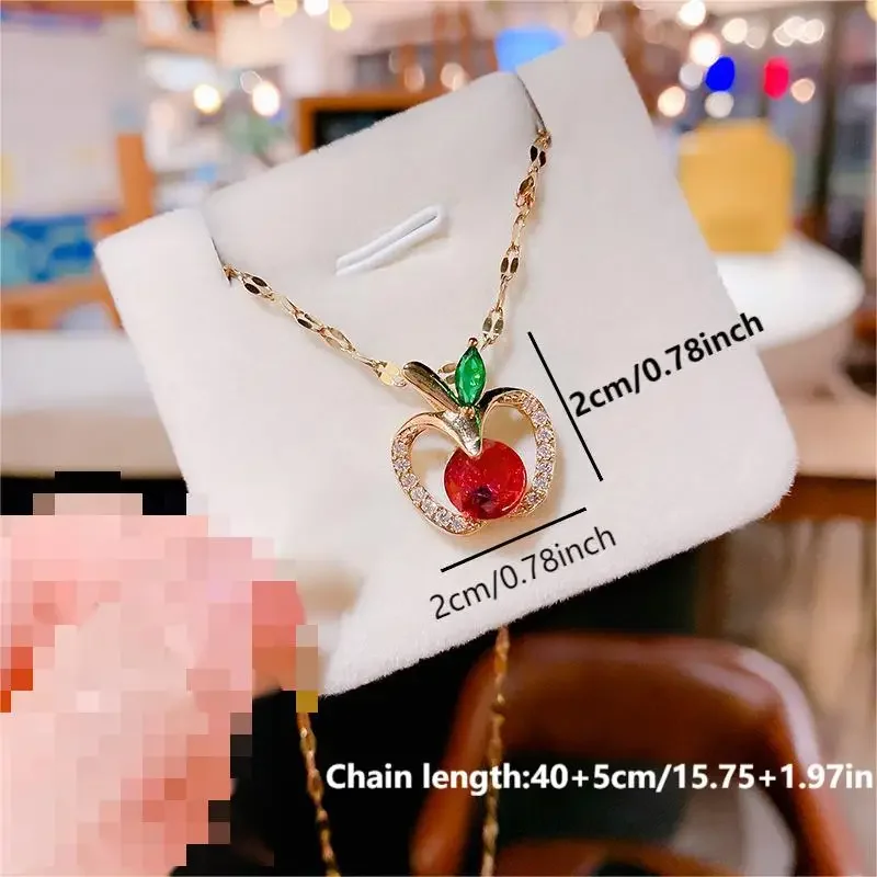 2023 New Hot Selling Christmas Ornaments Shiny Red Zircon Decorated Red Apple Pendant Necklace Suitable for Daily Wear