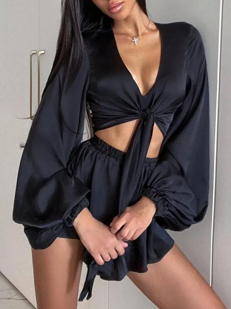 Lantern Sleeve Top Mini Shorts Holiday Set Summer Women Beach Shorts Two Piece Set Casual Female Streetwear Shorts Matching Suit