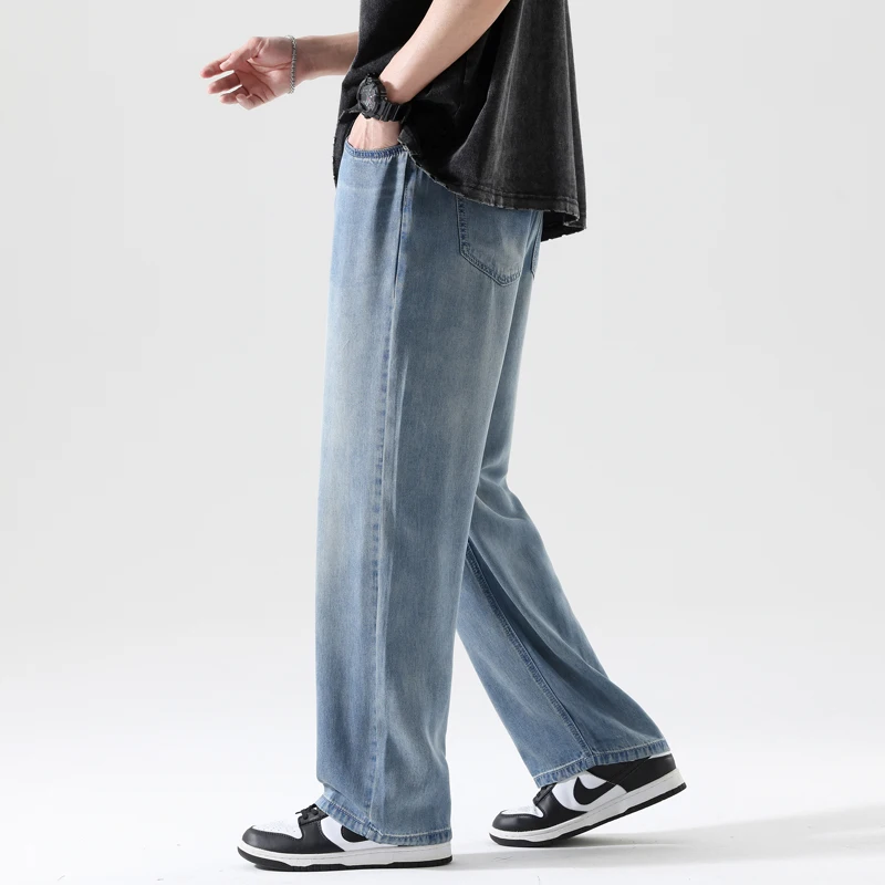 High Quality 100%Lyocell Jeans Men Spring Summer Casual Elastic Waist Denim Trousers Male Korea Loose Straight Blue Pants S-3XL 썸네일 5