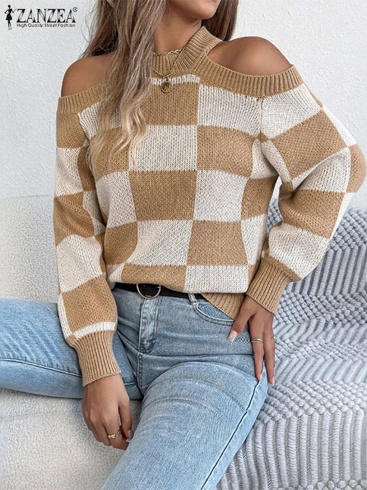 ZANZEA Sexy Spalla Fredda Plaid Pullover Maglioni Donna Autunno Manica Lunga Stampa Maglione Maglieria 2025 Inverno Casual Top lavorato a maglia