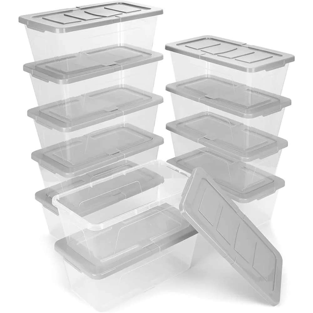 

EOENVIVS Plastic Storage Container 12 Pack Plastic Storage Bins Lids, Stackable Shoe Organizer Boxes Storage Baskets, Clear+Grey