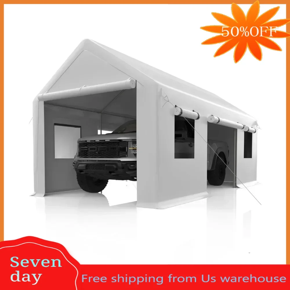 

Portable Garage Carport 13'x20' Heavy Duty Portable Garage and 4 Windows With Front & Rear Doors White for Pickup Truck Car Home