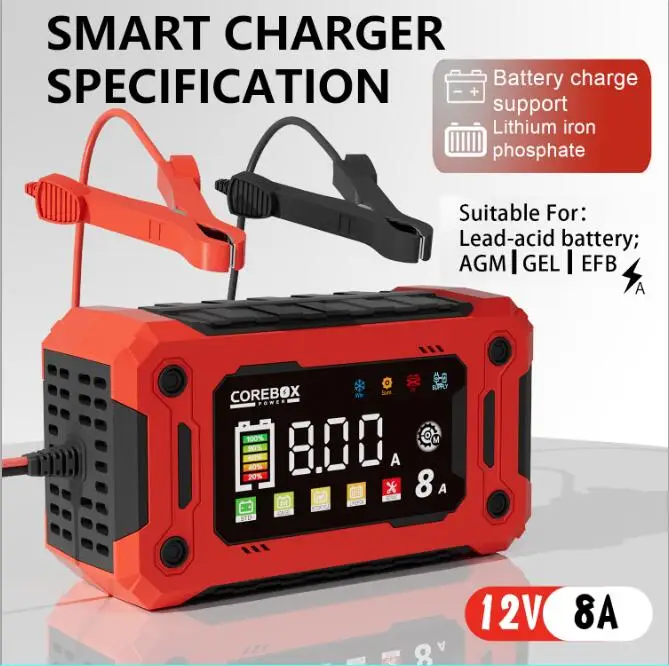 12V 15A 8A Auto- und Motorrad-Smart-Batterieladegerät für Lifepo4 Blei-Säure AGM Digital-Touchscreen Lithium-Eisenphosphat-Ladegerät – Detail 12