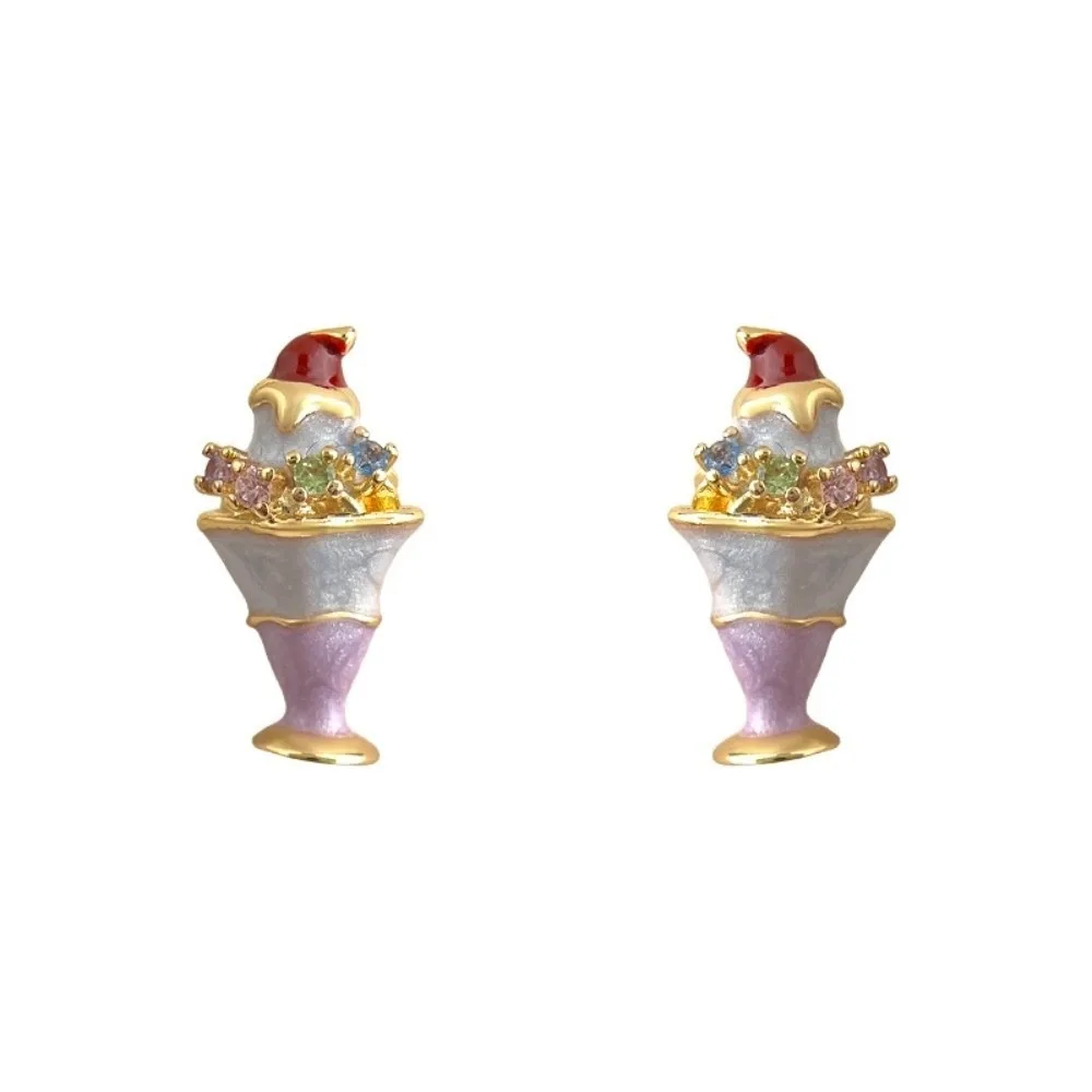 Enamel Birthday Cake Stud Earrings Zircon Sweet Mousse Cake Earrings Childishness Korean Style Ice Cream Ear Studs Hipster