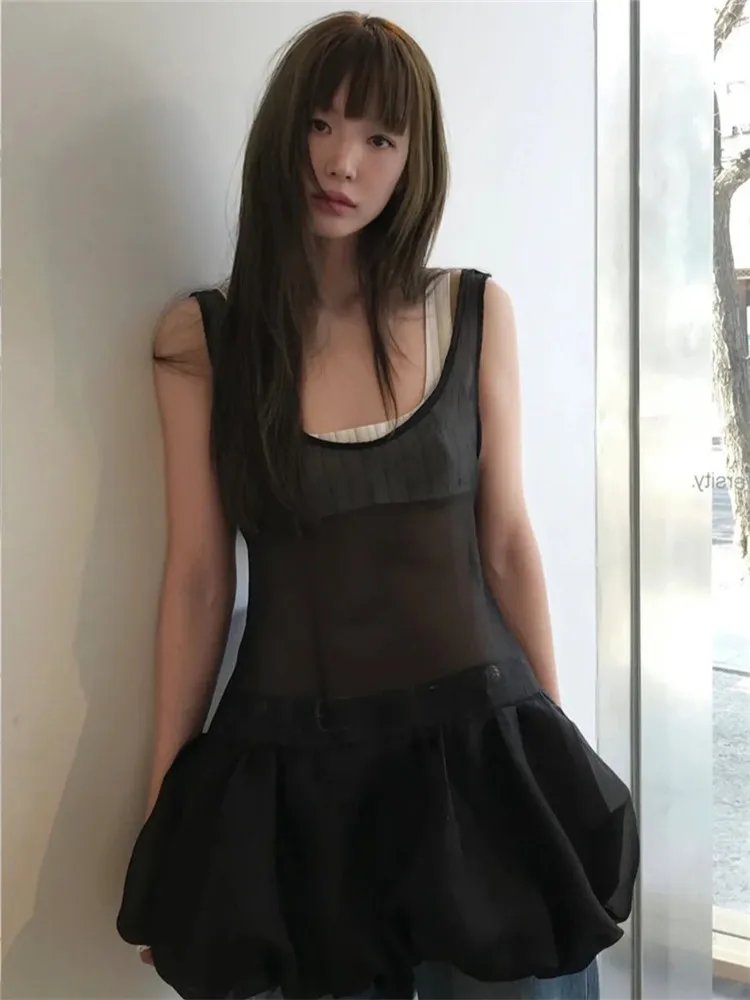 เซ็กซี่ฤดูร้อนใหม่โปร่งใส SHEER ตาข่าย Suspender ชุดมินิเก๋โบว์ Backless สีดํา Beige สายรัดแขนกุด SLIP Bud ชุด
