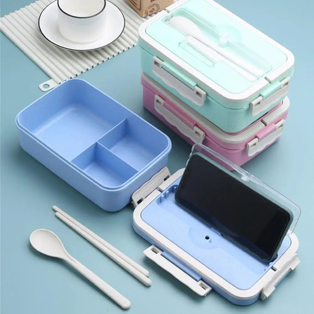 1/2PCS Microwave Lunch Box with Spoon Chopsticks Wheat Straw Dinnerware Food Storage Container Children Kids School Office Bento