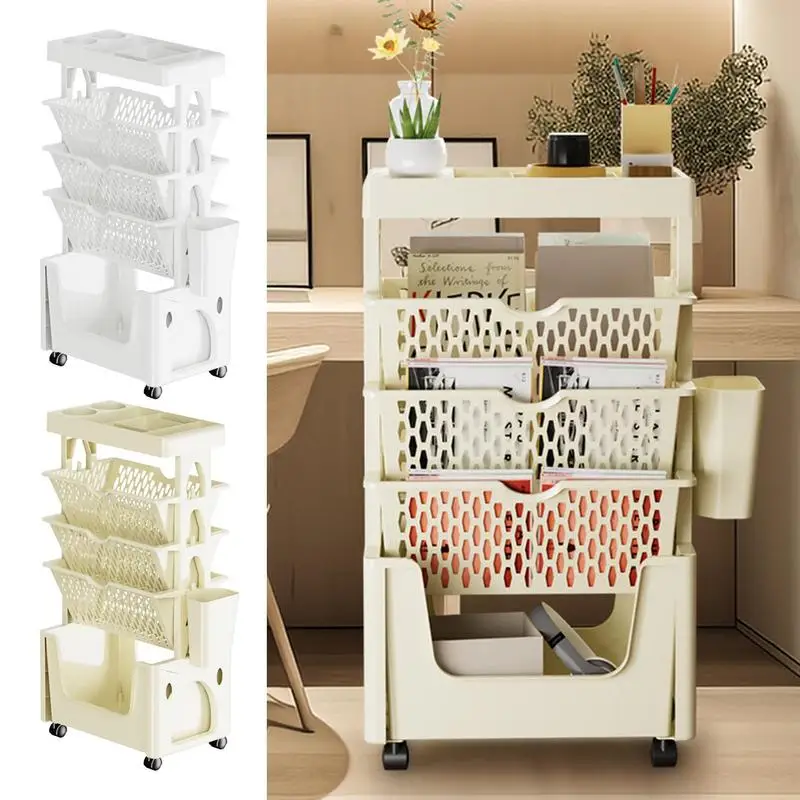 

Mobile Student Bookshelf 5 layers Storage Racks Kitchen Clutter Trolleys with Wheels Space-Saving for School Office Stationery