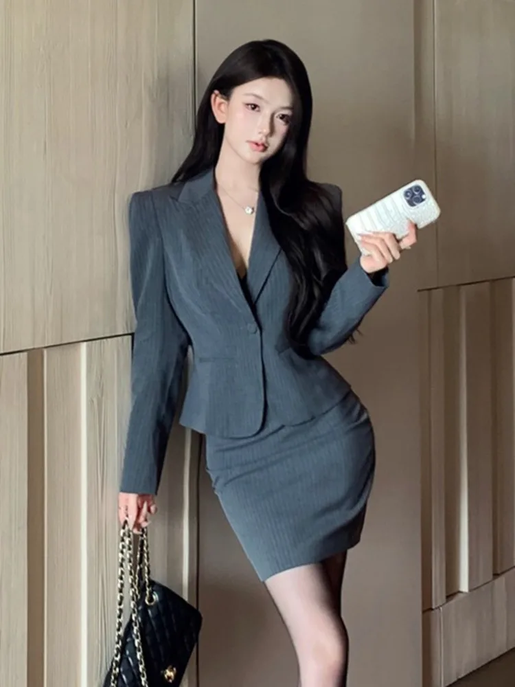 Fashion Casual Two Piece Set Women High End Temperament Professional Formal Blazer + Skirt Suits Office Lady Work Wear Outfits