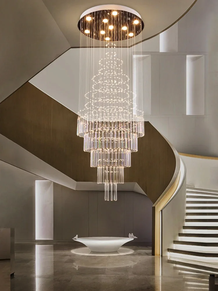 Staircase chandelier Duplex building Modern European villa living room floor long chandelier round crystal chandelier