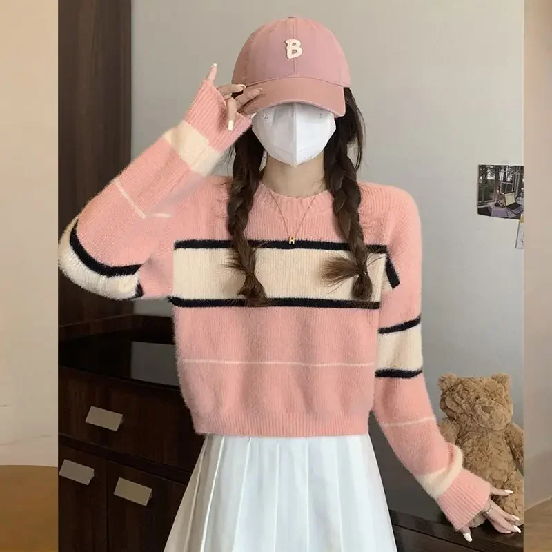 

Корейский повседневный свитер, новый женский модный свободный вязаный пуловер в контрастную полоску, уменьшающий возраст, короткий топ