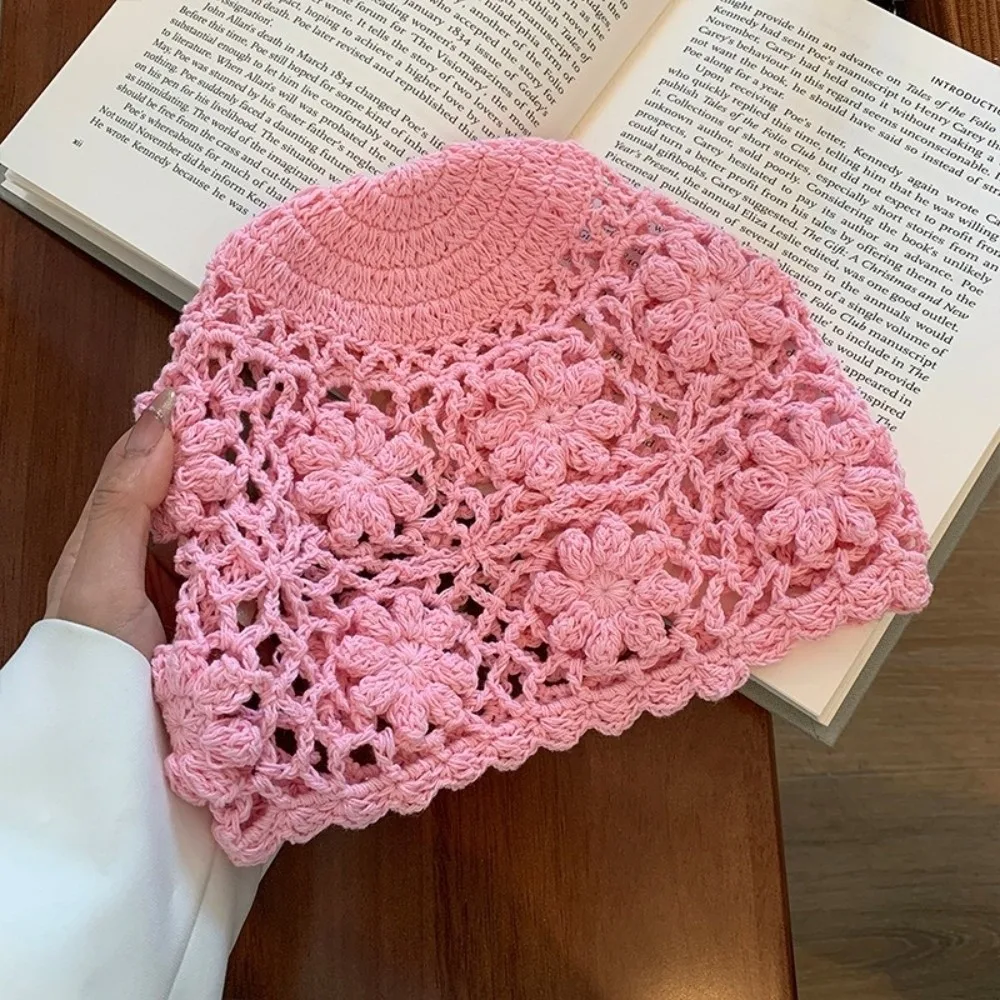 

Cute Handmade Crochet Flower Hat Weave Hollow Knit Basin Caps Sweet Women Beanies Cap Streetwear