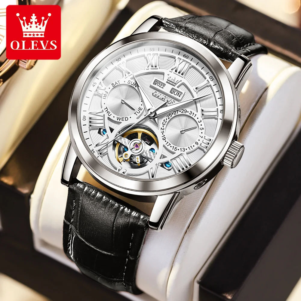 

OLEVS Automatic Mechaincal Watch for Men Luxury Waterproof Luminous Leather Strap Wristwatch Man Hollow Watch 86