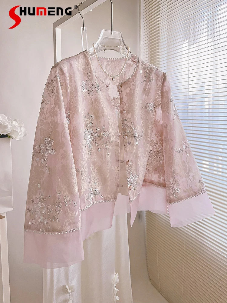 

Fashion Beaded Embroidered Sequined Round Neck Short Jackets 2025 Women's Spring New Coats Feminine Long Sleeve Loose Chic Tops