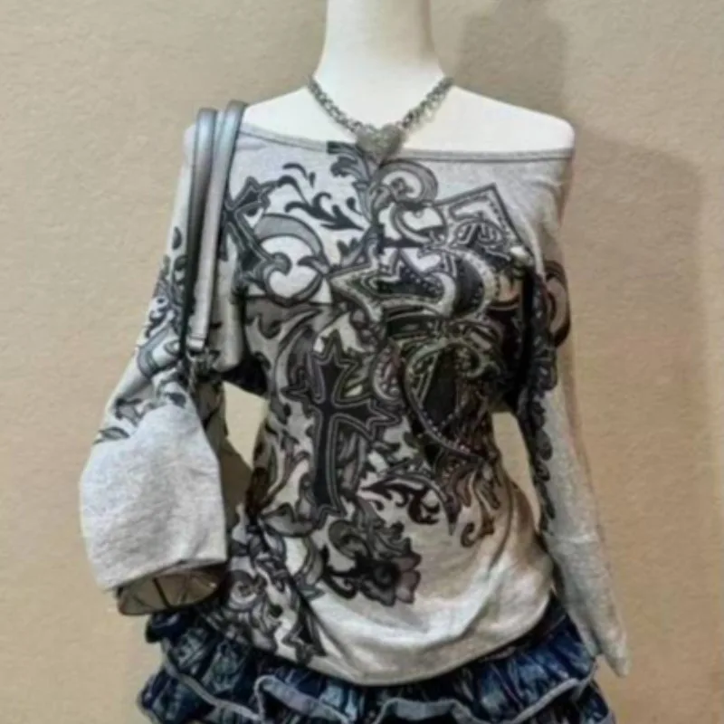 

Deeptown Y2k Gothic Graphic Vintage Women T-Shirts Punk Aesthetic Long Sleeve Off Shoulder American Style Tees Slim Grunge Gyaru