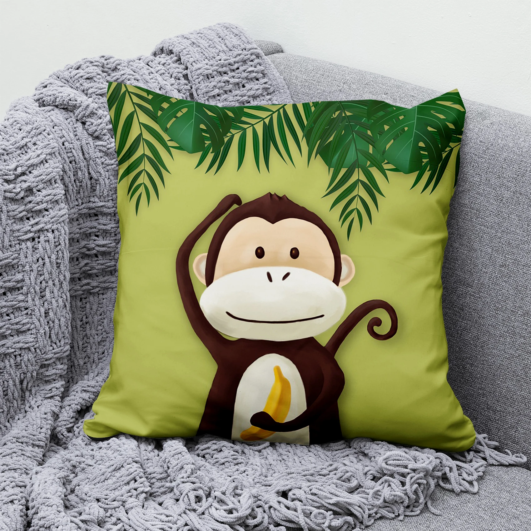 Cartoon animal zoo Hold pillowcase Jungle  green leaf  Sofa chair cushion cover children's room home decoration Short plush mate