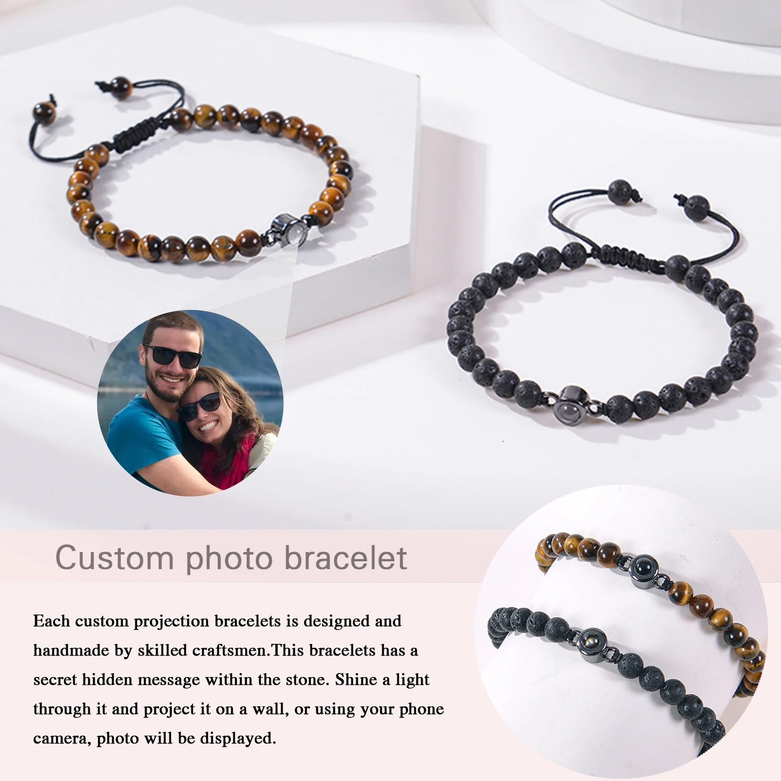 Custom Photo Bracelets Personalized Photo Projection Bracelet Custom Picture Natural Stone Beads Couple Bracelet Memorial Gifts