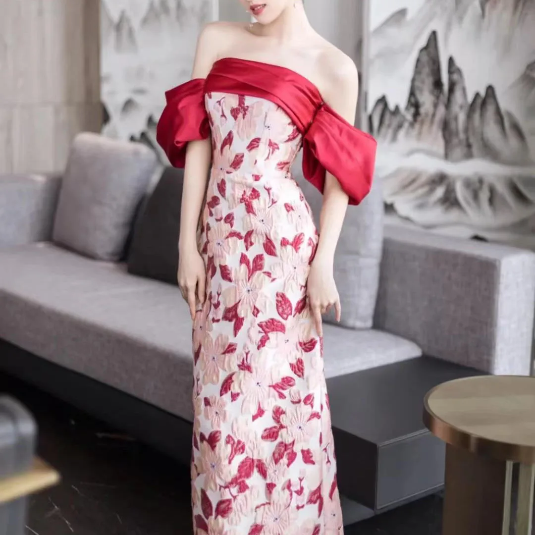 Ladies Elegant Luxury Flower Dress Evening Mermaid Sexy Off Shoulder Red Ball Gown Wedding Long Female Bride Vestido Formal Gala