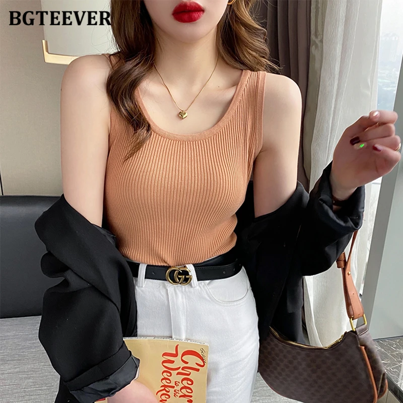 BGTEEVER Chic Stylish Female Skinny Knitted Pullovers Vests Summer Basic Fashion Women Sleeveless Camisole Ladies Tank Tops