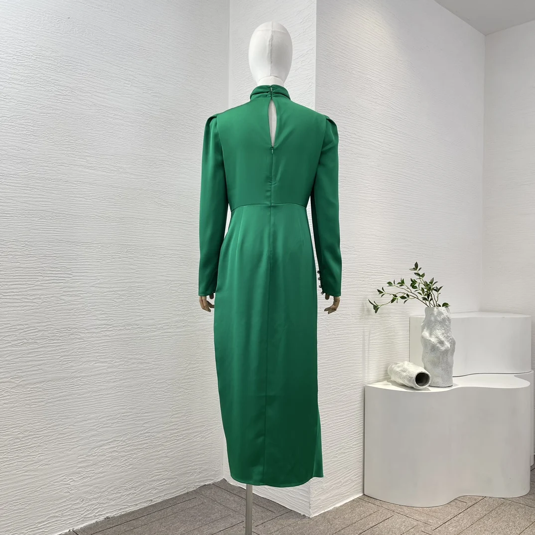 Green Cross Knot Front Long Sleeve Side Slit Satin Midi Dress