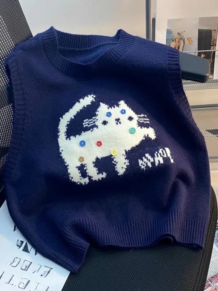 

Preppy Style Sweater Vest O Neck Sleeveless Cartoon Jacquard Contrast Color Pullovers All Match Knit Tops Loose Women's Clothing