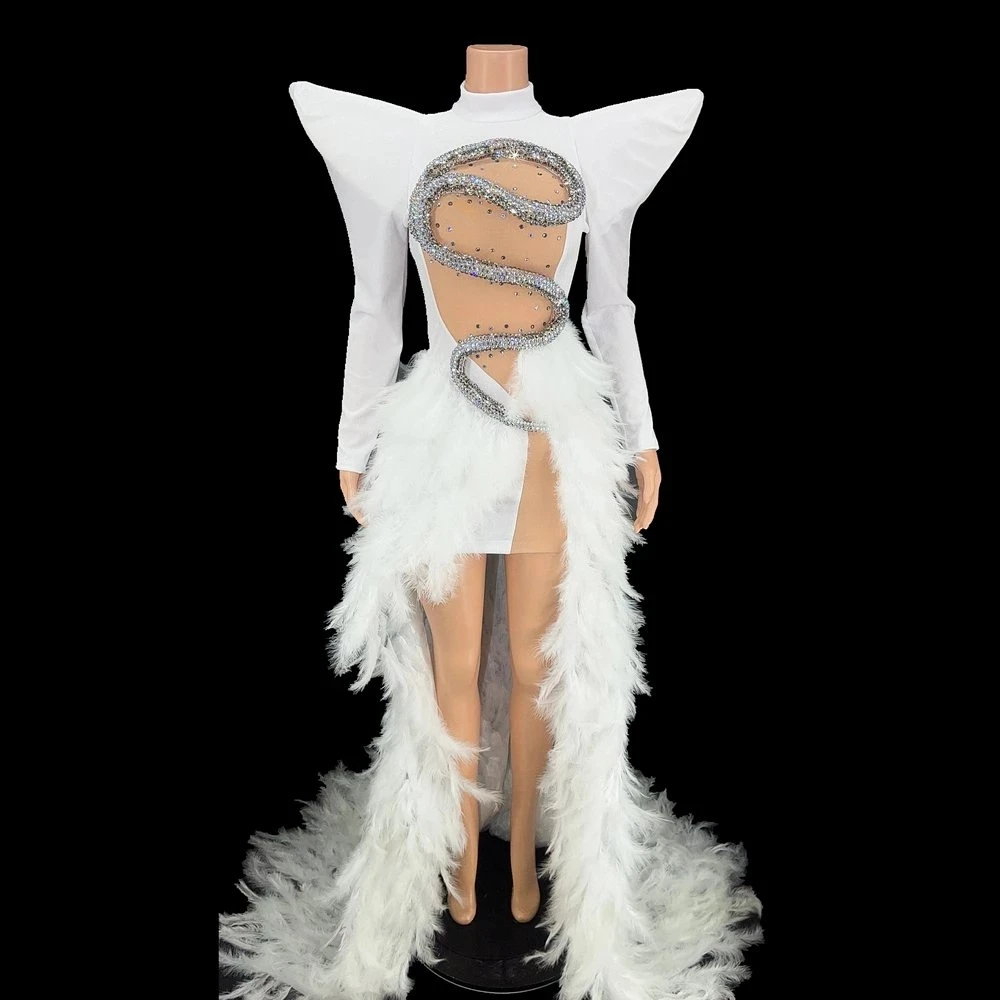 

Luxury show Evening Birthday Celebrate Dresses Singer stage music festival outfit Sparkly s Feather Long Tailing Dress