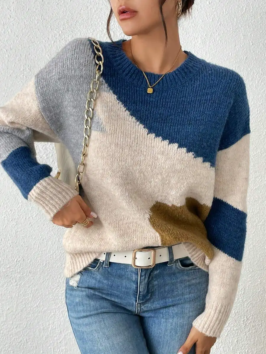 

Womens Crew Neck Long Sleeve Asymmetrical Patchwork Minimalist Sweater Casual Everyday Wear
