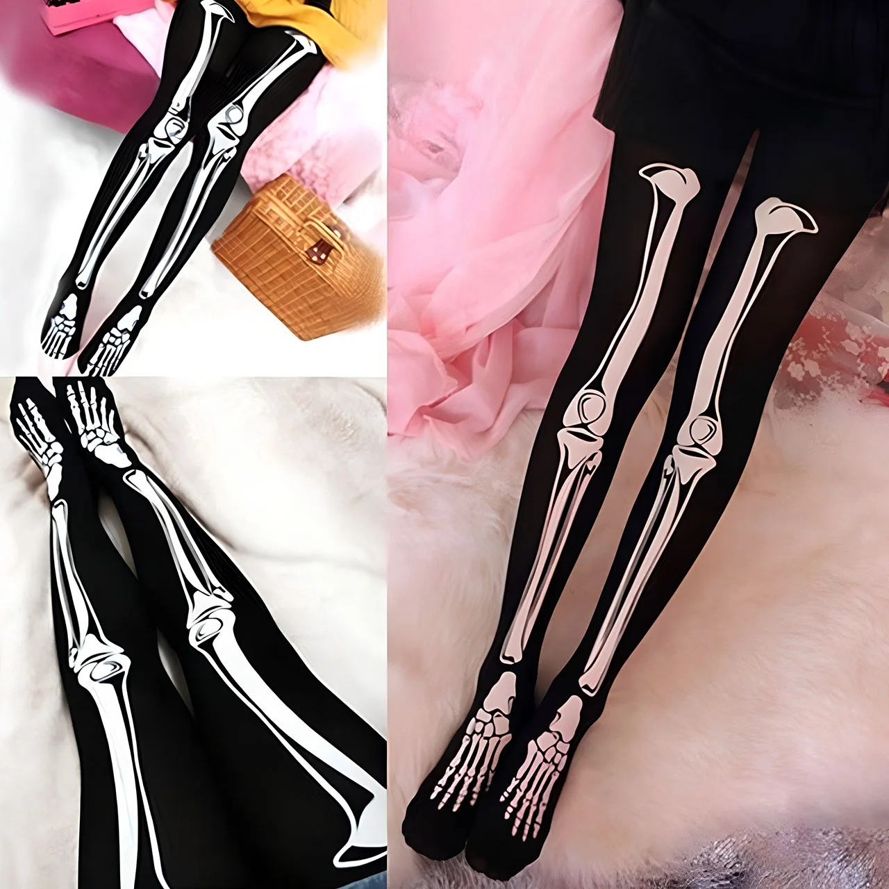 Halloween Skeleton Costume Footed Tights Women Funny Scary Stockings Skull Print Pantyhose Leggings for Cosplay Party