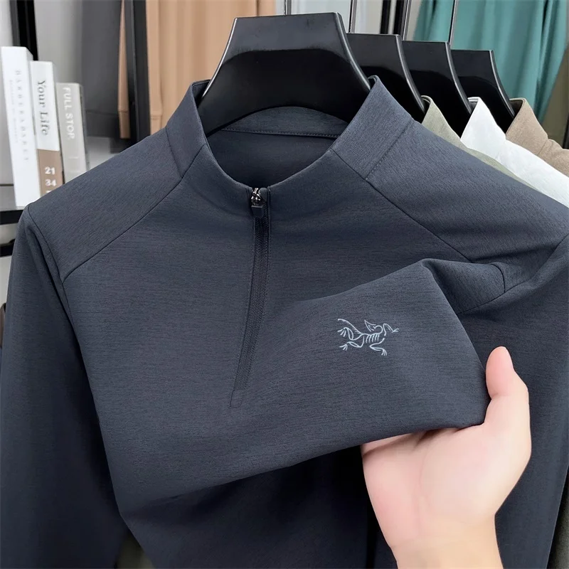 Camiseta de marca de lujo para hombre, camiseta de alta calidad con cuello simulado y estampado de cremallera, Sudadera con capucha de manga larga, Tops de ocio a la moda para hombre