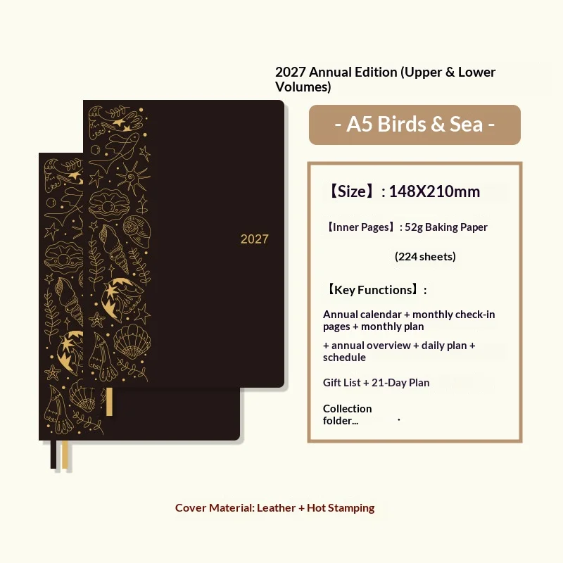Kinbor Classic 2027 Tagesplaner, minimalistisches schwarzes PU-Leder-Tagebuch mit einer Seite pro Tag, 52g Bawen-Papier A5/A6 Jahresplaner-Notizbuch