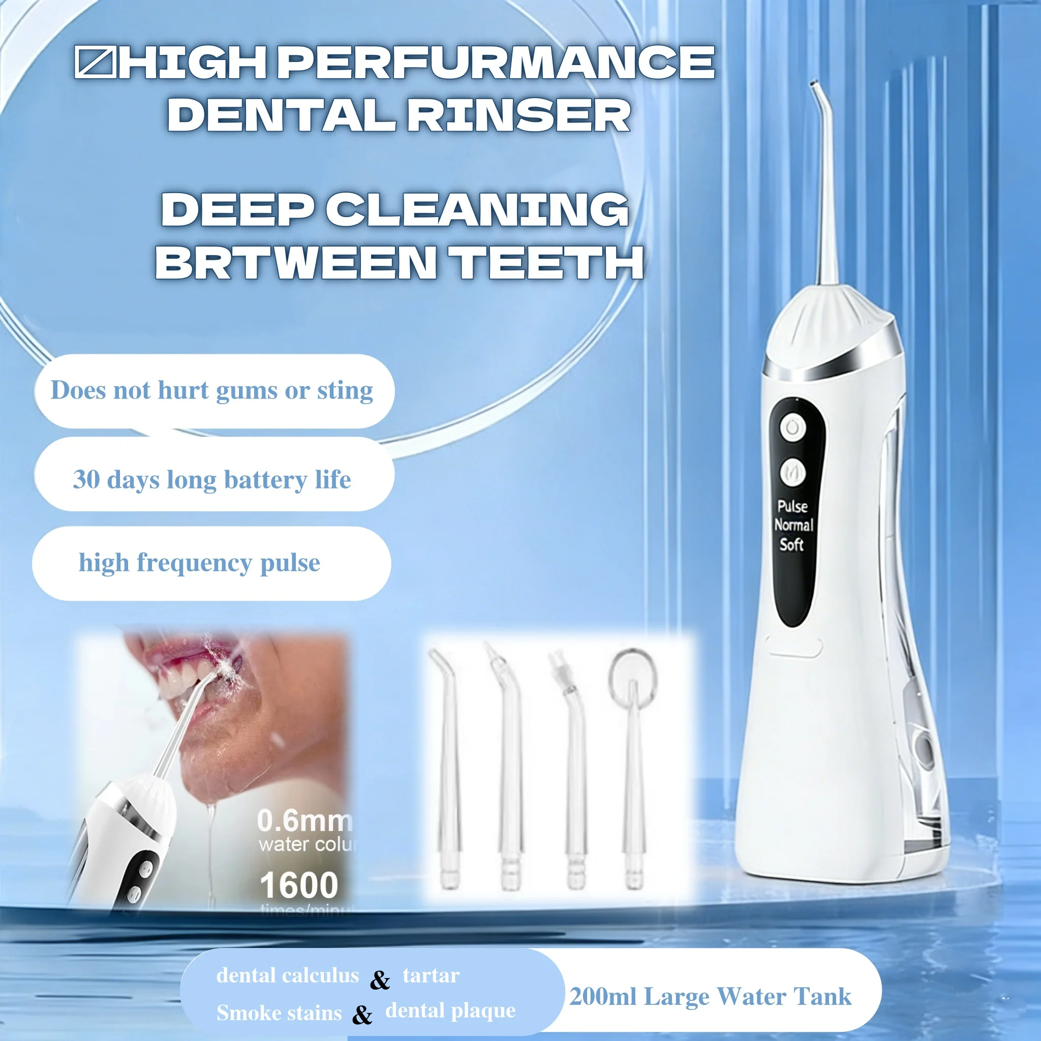 Rechargeable Electric Dental Cleaning  Irrigator, Waterproof High Frequency Pulse Dental Cleaner With 3 Modes And 4 Jet Tips